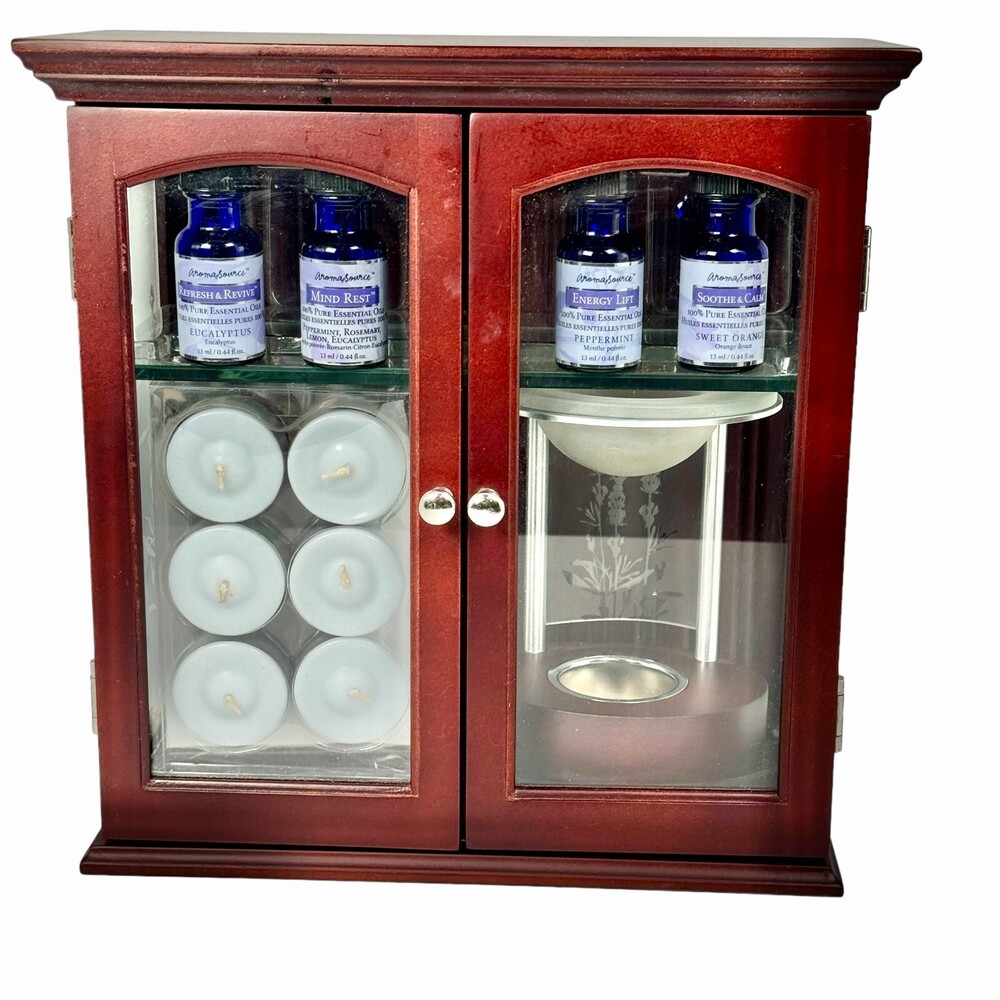 Aroma Source Aromatherapy Oils Diffuser Candles Cabinet Set *One bottle is Empty